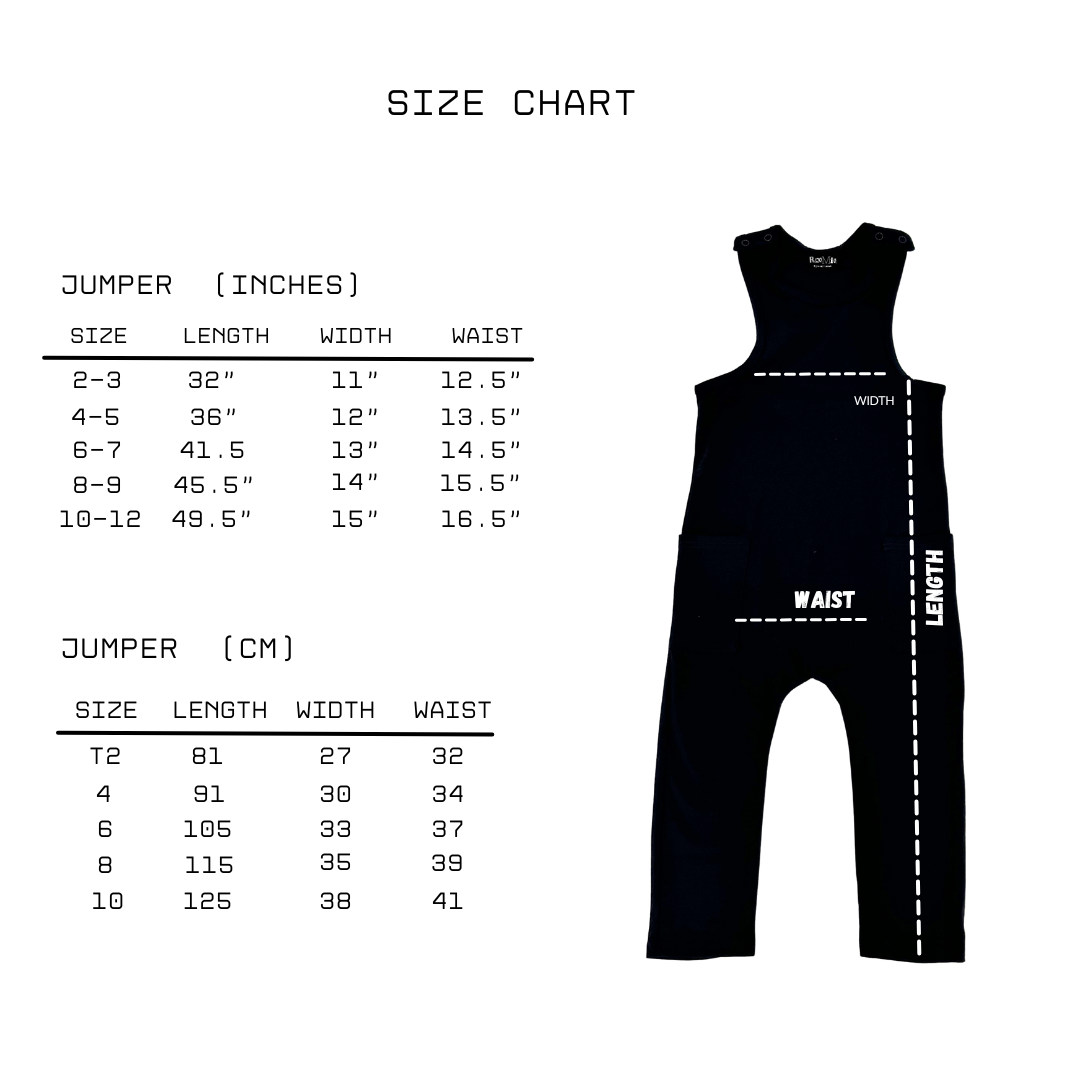 Size chart for a kids' jumper, showing measurements and corresponding sizes in both inches and centimeters, with an illustration of the jumper on a plain background.