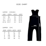 Size chart for a kids' jumper, showing measurements and corresponding sizes in both inches and centimeters, with an illustration of the jumper on a plain background.