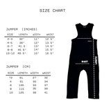 Size chart for a kids' jumper, showing measurements and corresponding sizes in both inches and centimeters, with an illustration of the jumper on a plain background.