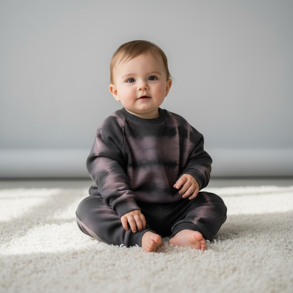 Baby wearing a dark tie-dye outfit sitting on a light-colored carpet.