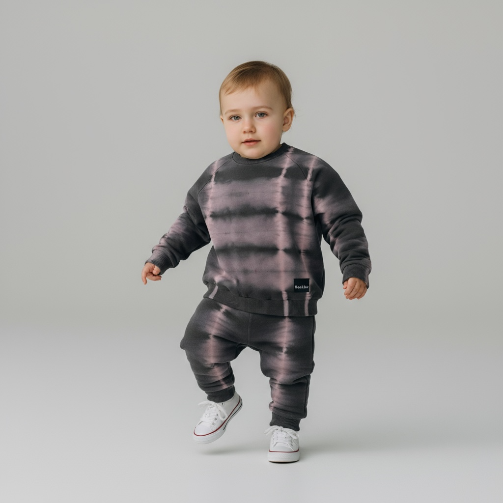 Child wearing a tie-dye outfit with a neutral background