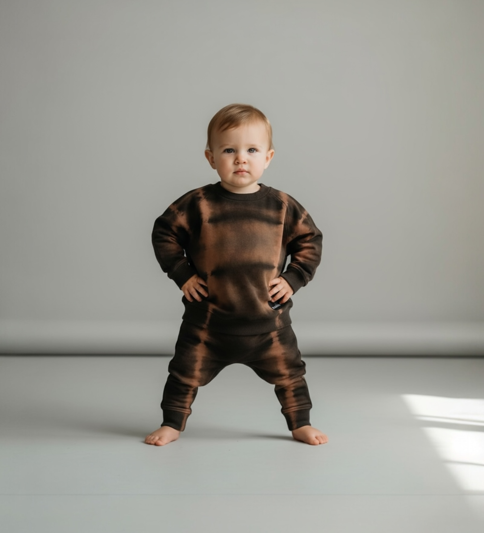Child wearing a brown tie-dye outfit on a plain background