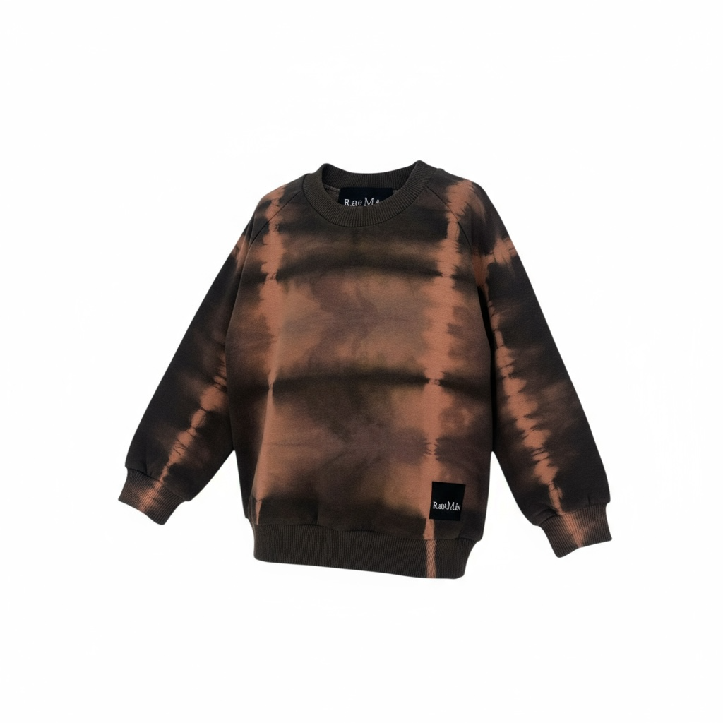 Tie-dye sweatshirt with brown and black pattern on a white background