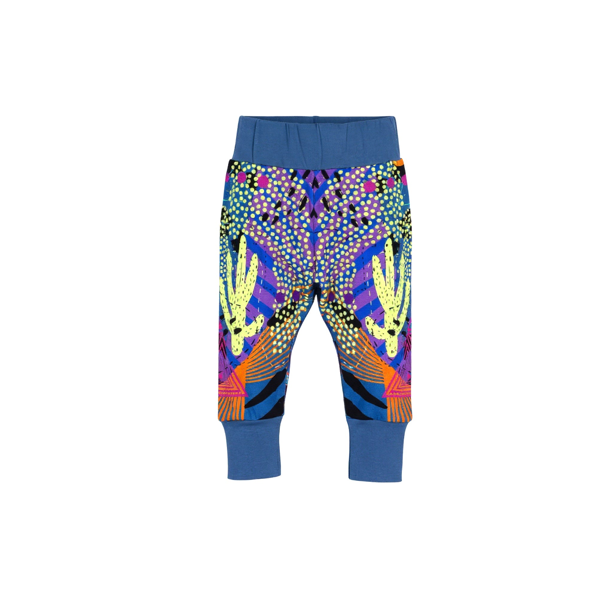 Colorful patterned pants with blue accents on a white background