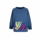 Blue sweatshirt with colorful abstract design on a white background