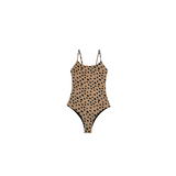Beige swimsuit with black polka dots on a white background
