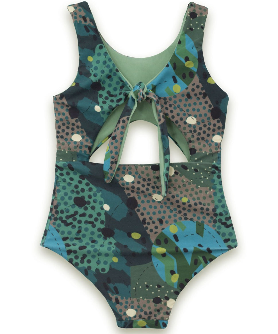 girl swimwear green dots abstract print eco friendly