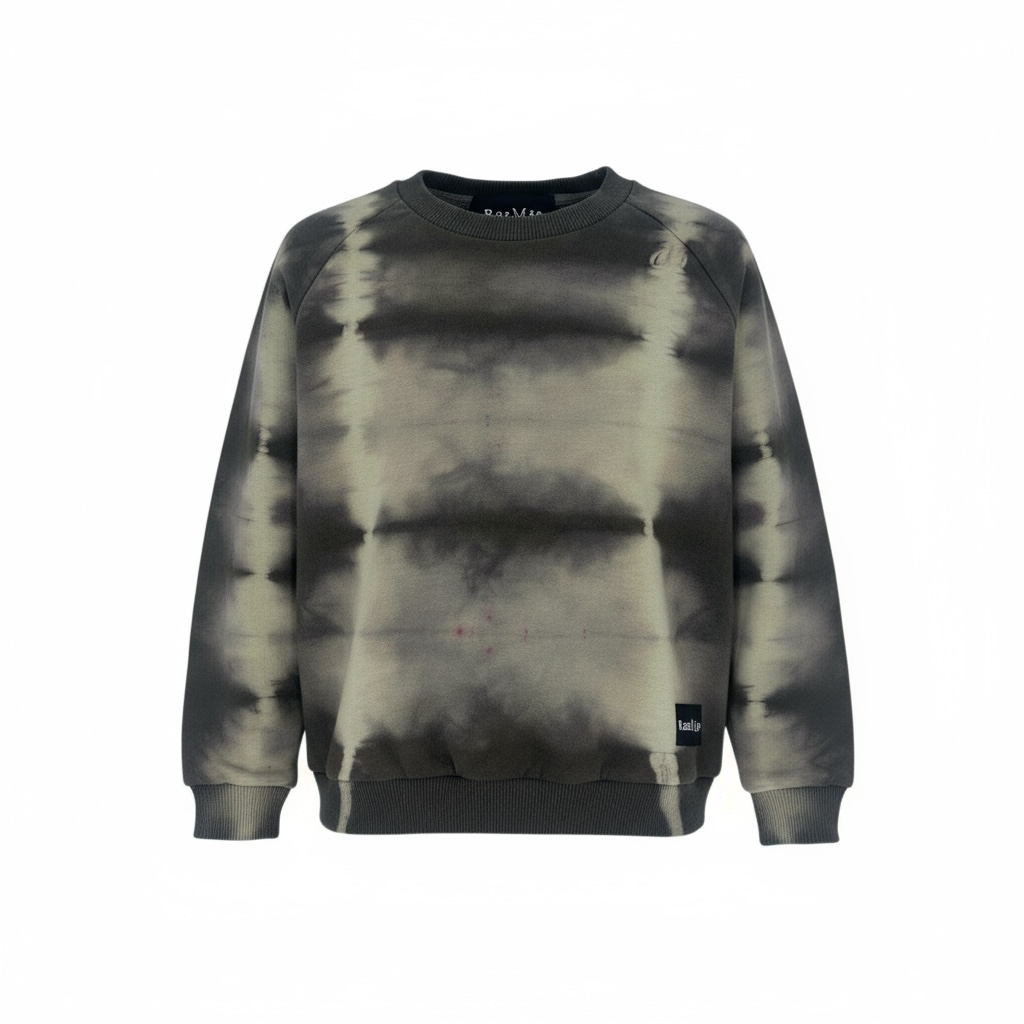 Tie-dye sweatshirt with black and gray pattern on a white background