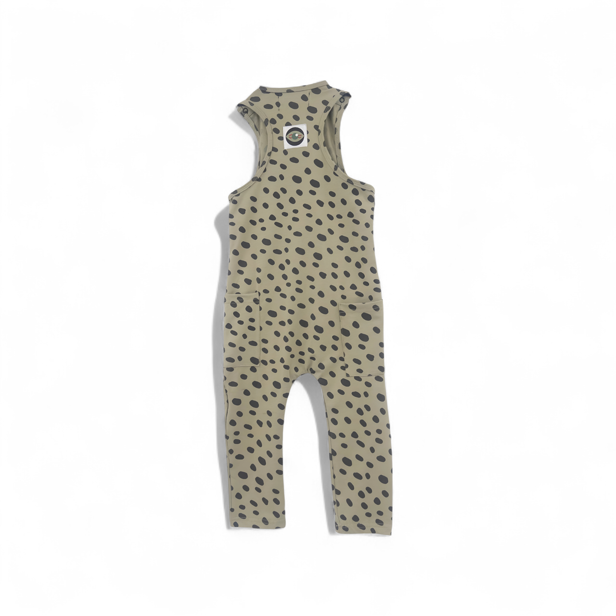 Children's overalls with a cheetah pattern on a white background back