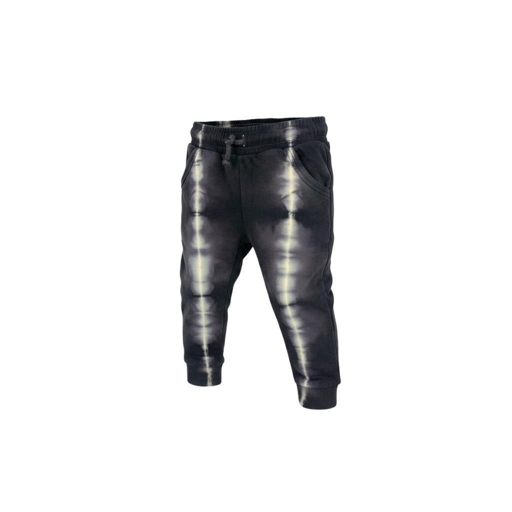 Black tie-dye jogger pants on a white background