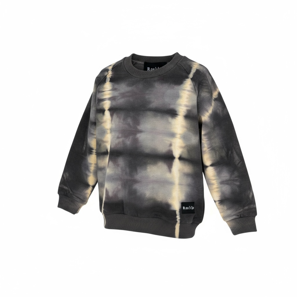 Tie-dye sweatshirt with black and gray pattern on a white background