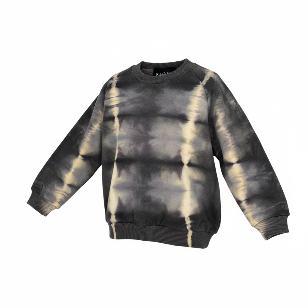 Tie-dye sweatshirt with black and beige pattern on a white background
