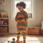 Child in a colorful outfit playing with blocks in a room with toys and books.