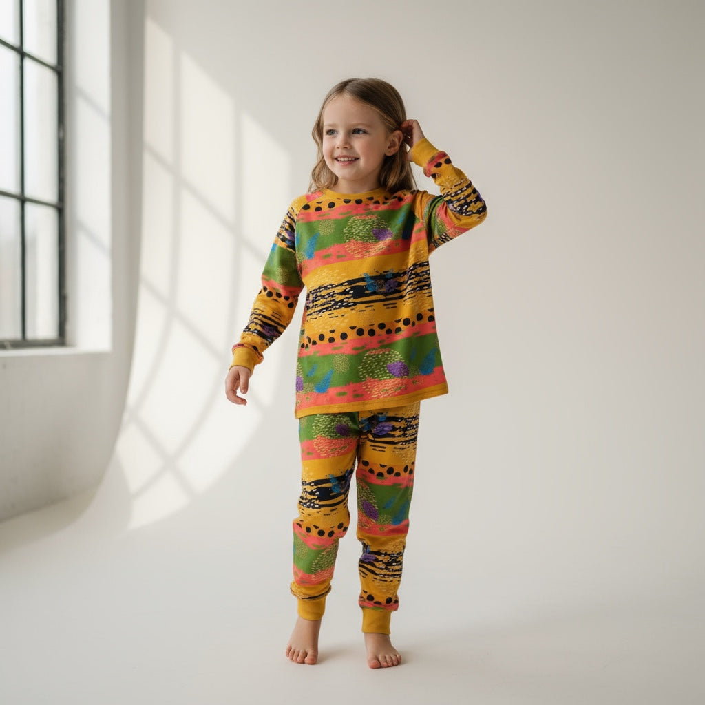 Child wearing a colorful outfit standing in a bright room with large windows.