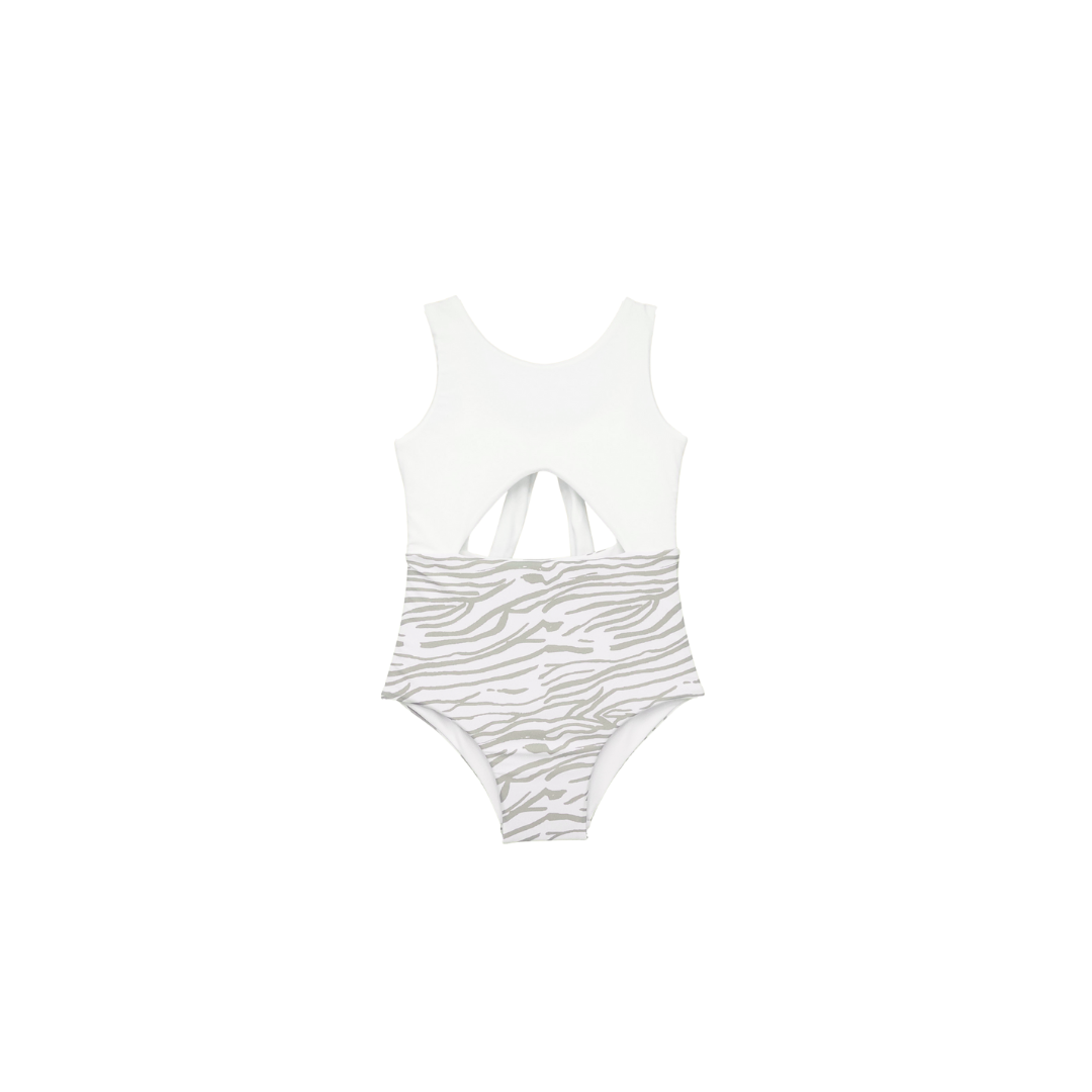One-piece swimsuit with zebra pattern on a white background