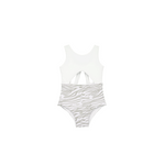 One-piece swimsuit with zebra pattern on a white background