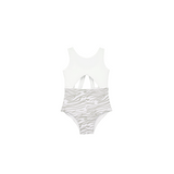One-piece swimsuit with zebra pattern on a white background