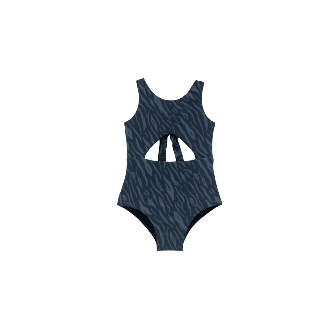 Navy blue swimsuit with a pattern on a white background