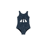 Navy blue swimsuit with a pattern on a white background