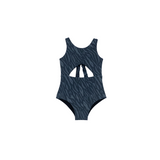 Navy blue swimsuit with a pattern on a white background