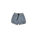 Blue patterned shorts with a gray waistband on a white background