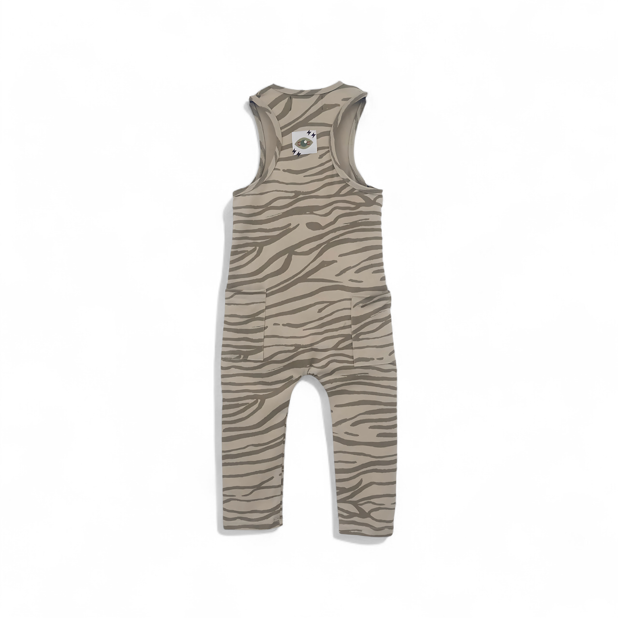 Zebra patterned baby romper on a white background back